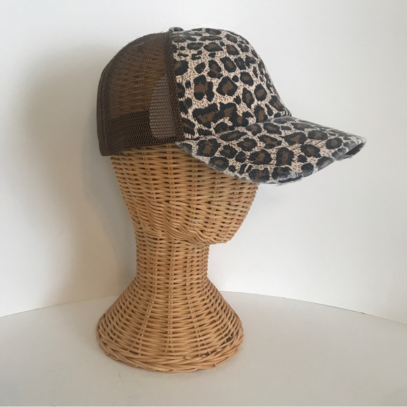 Distressed Canvas, Mesh Back Ponytail Hat Adjustable. Leopard Print - Picture 4 of 13